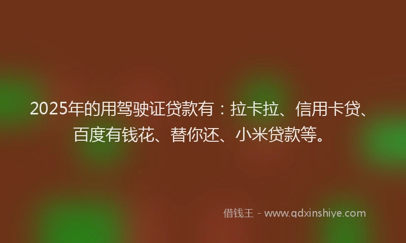 2025年的用驾驶证贷款有：拉卡拉、信用卡贷、百度有钱花、替你还、小米贷款等。