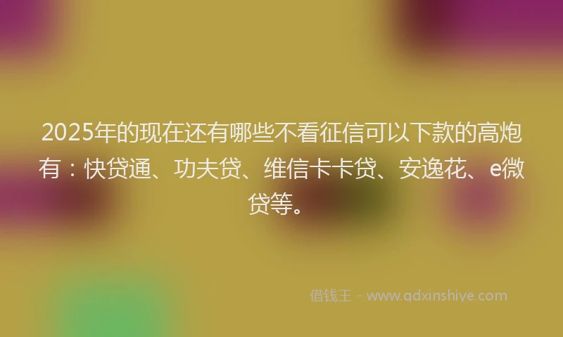 2025年的现在还有哪些不看征信可以下款的高炮有：快贷通、功夫贷、维信卡卡贷、安逸花、e微贷等。
