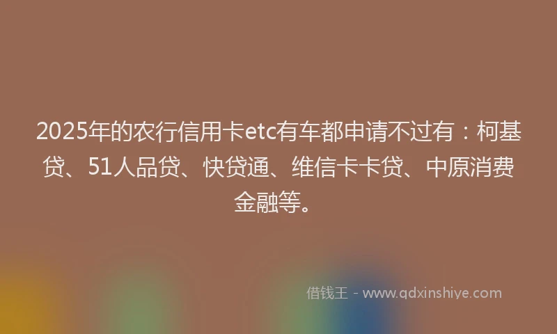 2025年的农行信用卡etc有车都申请不过有：柯基贷、51人品贷、快贷通、维信卡卡贷、中原消费金融等。