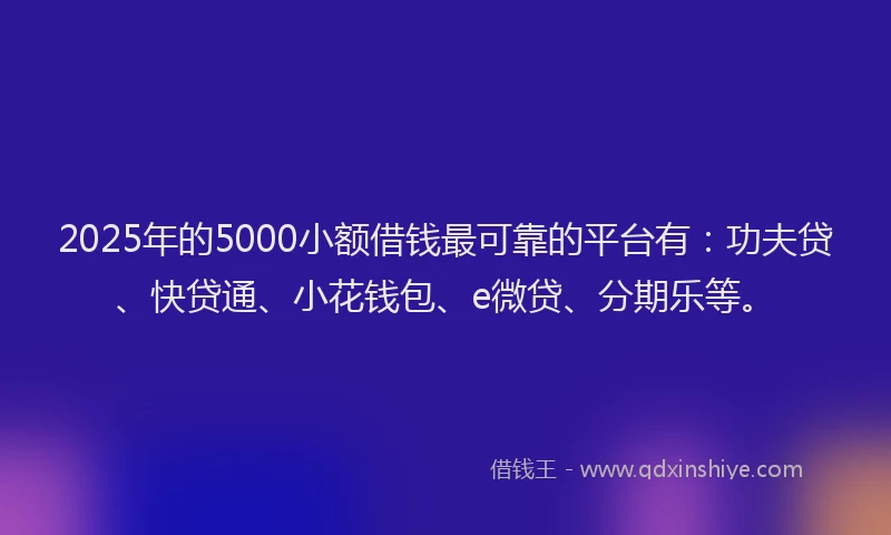 2025年的5000小额借钱最可靠的平台有：功夫贷、快贷通、小花钱包、e微贷、分期乐等。