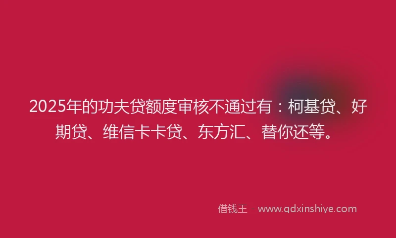 2025年的功夫贷额度审核不通过有：柯基贷、好期贷、维信卡卡贷、东方汇、替你还等。