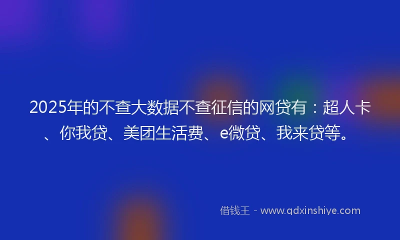 2025年的不查大数据不查征信的网贷有：超人卡、你我贷、美团生活费、e微贷、我来贷等。