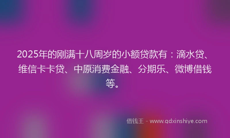 2025年的刚满十八周岁的小额贷款有：滴水贷、维信卡卡贷、中原消费金融、分期乐、微博借钱等。