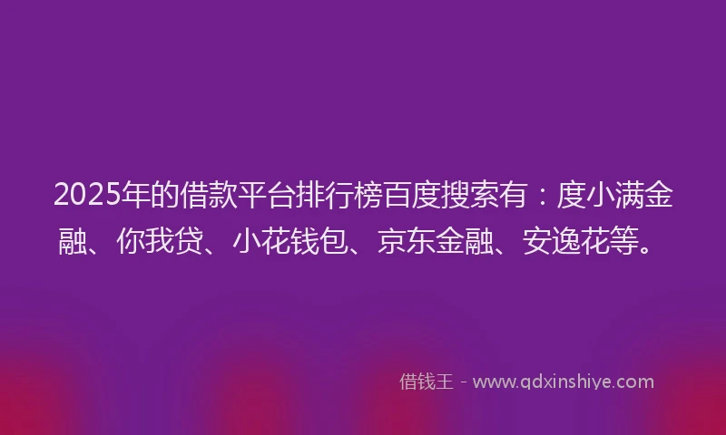2025年的借款平台排行榜百度搜索有：度小满金融、你我贷、小花钱包、京东金融、安逸花等。