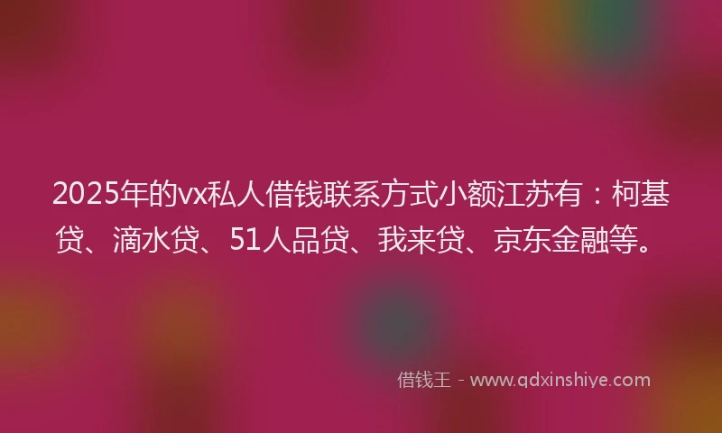 2025年的vx私人借钱联系方式小额江苏有：柯基贷、滴水贷、51人品贷、我来贷、京东金融等。