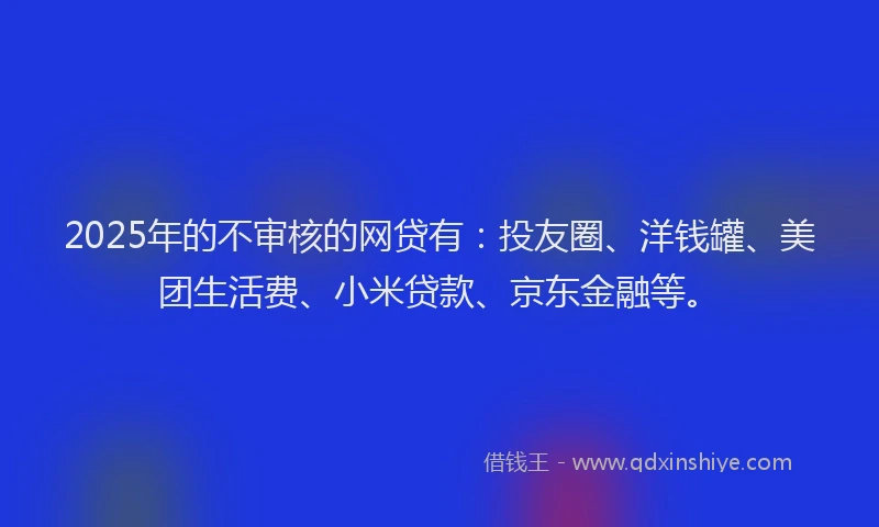 2025年的不审核的网贷有：投友圈、洋钱罐、美团生活费、小米贷款、京东金融等。