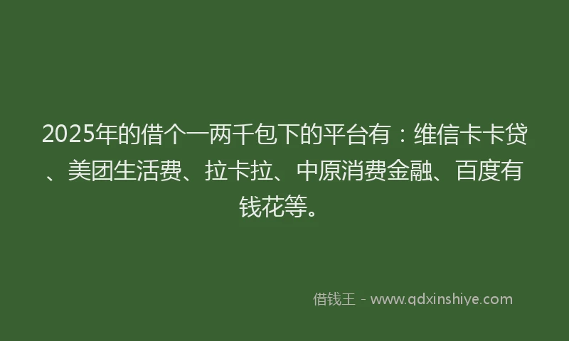 2025年的借个一两千包下的平台有：维信卡卡贷、美团生活费、拉卡拉、中原消费金融、百度有钱花等。