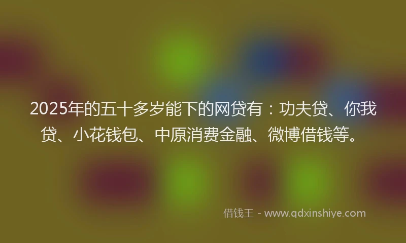 2025年的五十多岁能下的网贷有：功夫贷、你我贷、小花钱包、中原消费金融、微博借钱等。