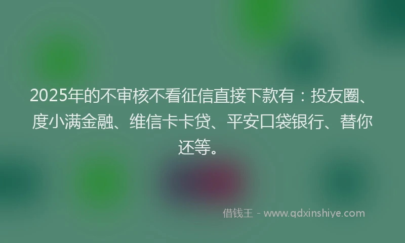 2025年的不审核不看征信直接下款有：投友圈、度小满金融、维信卡卡贷、平安口袋银行、替你还等。