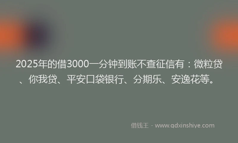 2025年的借3000一分钟到账不查征信有：微粒贷、你我贷、平安口袋银行、分期乐、安逸花等。