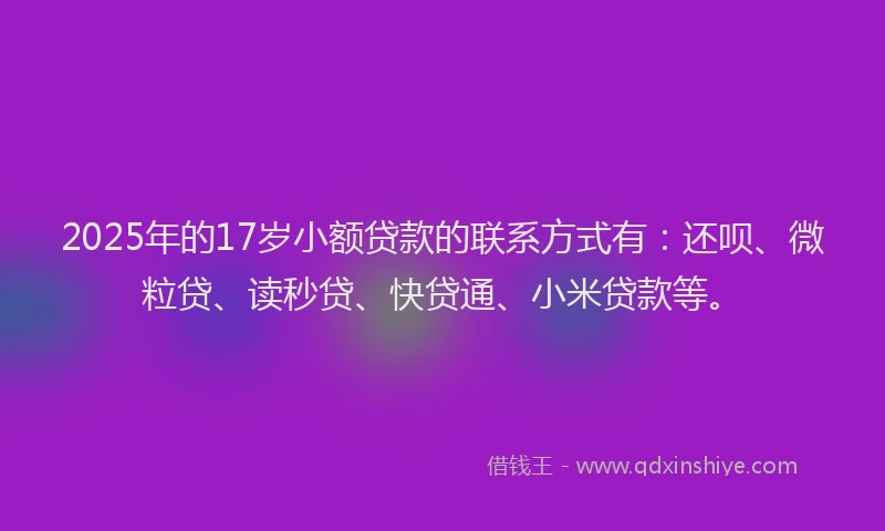2025年的17岁小额贷款的联系方式有：还呗、微粒贷、读秒贷、快贷通、小米贷款等。