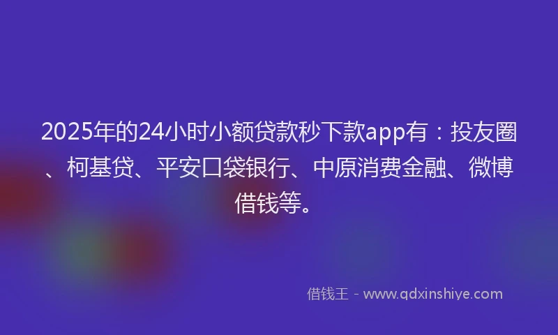 2025年的24小时小额贷款秒下款app有：投友圈、柯基贷、平安口袋银行、中原消费金融、微博借钱等。