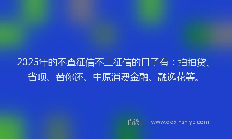 2025年的不查征信不上征信的口子有：拍拍贷、省呗、替你还、中原消费金融、融逸花等。