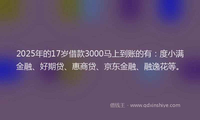 2025年的17岁借款3000马上到账的有：度小满金融、好期贷、惠商贷、京东金融、融逸花等。