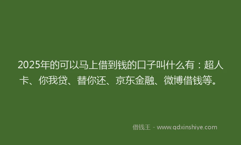 2025年的可以马上借到钱的口子叫什么有：超人卡、你我贷、替你还、京东金融、微博借钱等。