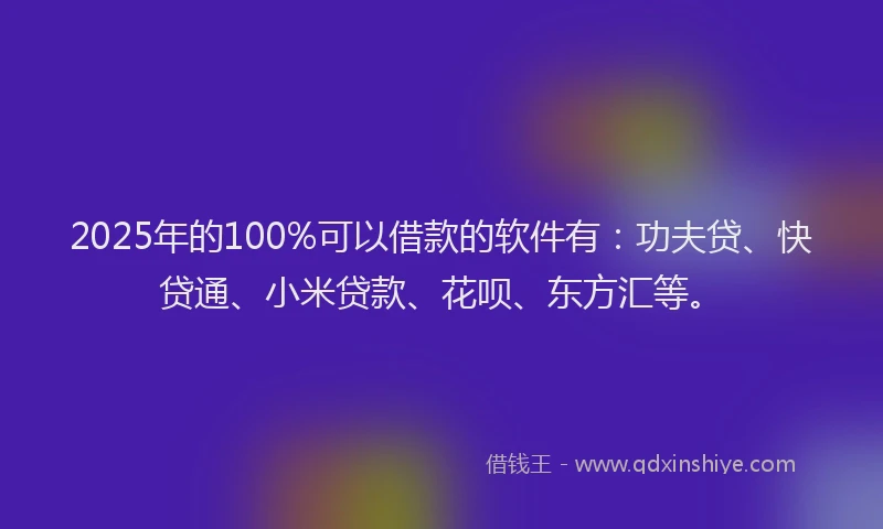 2025年的100%可以借款的软件有：功夫贷、快贷通、小米贷款、花呗、东方汇等。