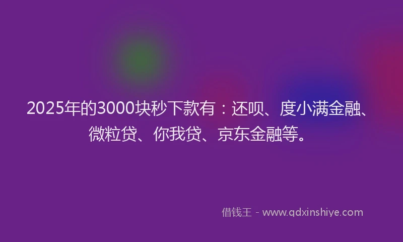 2025年的3000块秒下款有：还呗、度小满金融、微粒贷、你我贷、京东金融等。