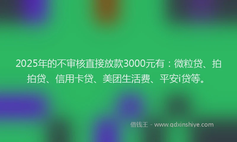 2025年的不审核直接放款3000元有：微粒贷、拍拍贷、信用卡贷、美团生活费、平安i贷等。
