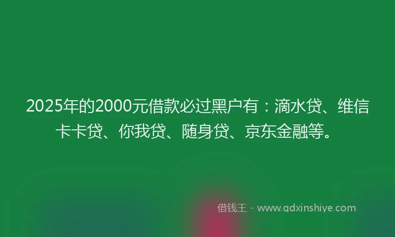 2025年的2000元借款必过黑户有：滴水贷、维信卡卡贷、你我贷、随身贷、京东金融等。
