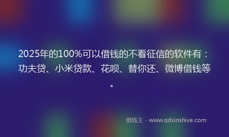 2025年的100%可以借钱的不看征信的软件有：功夫贷、小米贷款、花呗、替你还、微博借钱等。