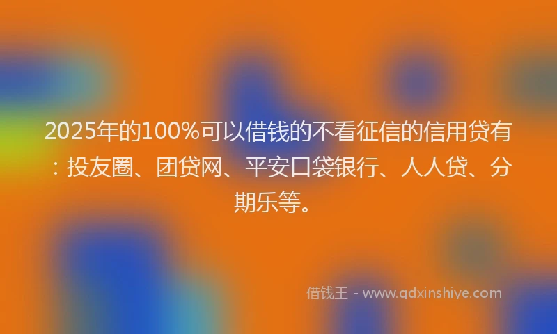 2025年的100%可以借钱的不看征信的信用贷有：投友圈、团贷网、平安口袋银行、人人贷、分期乐等。