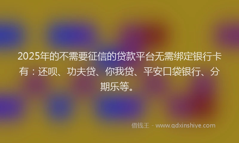 2025年的不需要征信的贷款平台无需绑定银行卡有：还呗、功夫贷、你我贷、平安口袋银行、分期乐等。