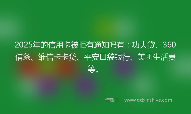 2025年的信用卡被拒有通知吗有：功夫贷、360借条、维信卡卡贷、平安口袋银行、美团生活费等。
