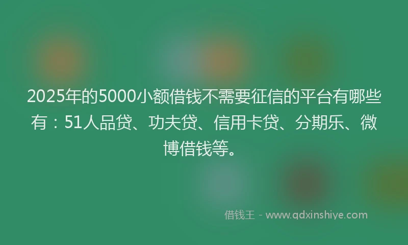 2025年的5000小额借钱不需要征信的平台有哪些有：51人品贷、功夫贷、信用卡贷、分期乐、微博借钱等。
