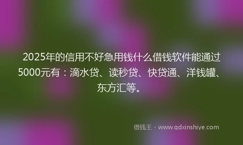 2025年的信用不好急用钱什么借钱软件能通过5000元有：滴水贷、读秒贷、快贷通、洋钱罐、东方汇等。