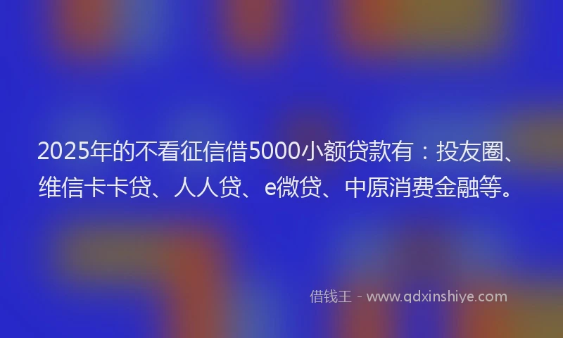 2025年的不看征信借5000小额贷款有：投友圈、维信卡卡贷、人人贷、e微贷、中原消费金融等。