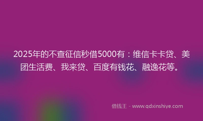 2025年的不查征信秒借5000有：维信卡卡贷、美团生活费、我来贷、百度有钱花、融逸花等。
