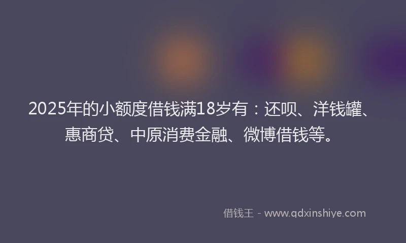 2025年的小额度借钱满18岁有：还呗、洋钱罐、惠商贷、中原消费金融、微博借钱等。