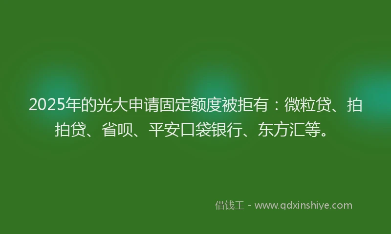 2025年的光大申请固定额度被拒有：微粒贷、拍拍贷、省呗、平安口袋银行、东方汇等。