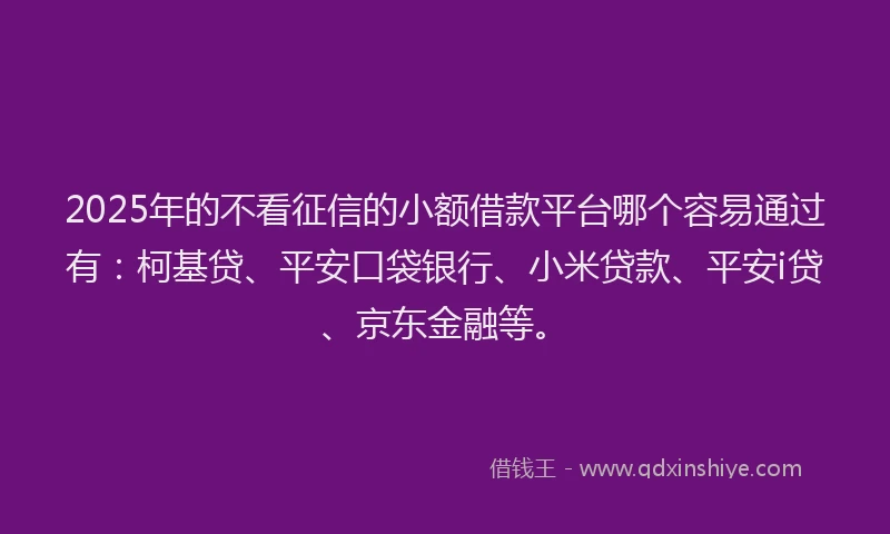2025年的不看征信的小额借款平台哪个容易通过有：柯基贷、平安口袋银行、小米贷款、平安i贷、京东金融等。