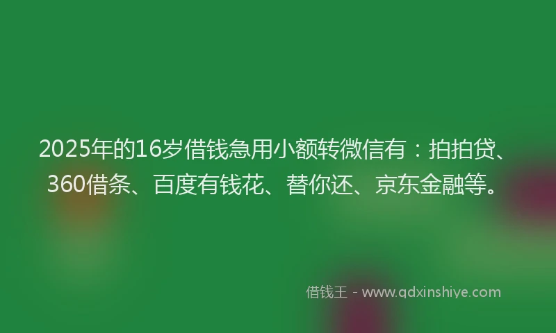 2025年的16岁借钱急用小额转微信有：拍拍贷、360借条、百度有钱花、替你还、京东金融等。