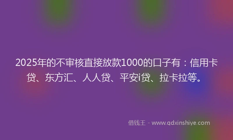 2025年的不审核直接放款1000的口子有：信用卡贷、东方汇、人人贷、平安i贷、拉卡拉等。