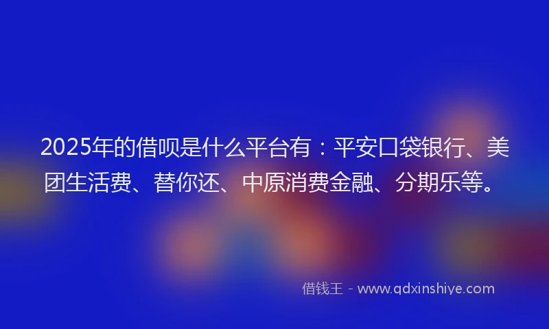 2025年的借呗是什么平台有：平安口袋银行、美团生活费、替你还、中原消费金融、分期乐等。