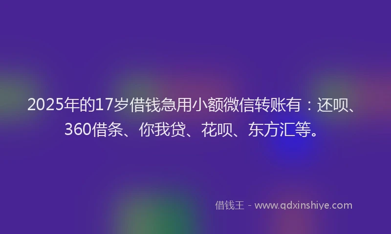 2025年的17岁借钱急用小额微信转账有：还呗、360借条、你我贷、花呗、东方汇等。