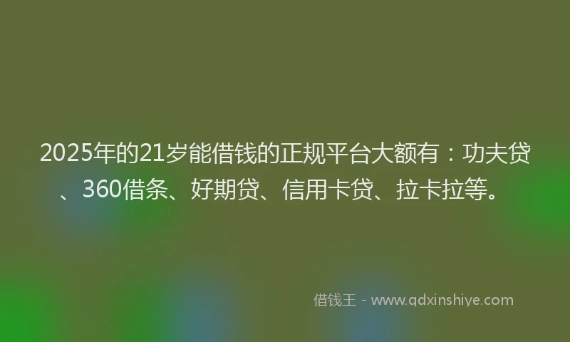 2025年的21岁能借钱的正规平台大额有：功夫贷、360借条、好期贷、信用卡贷、拉卡拉等。