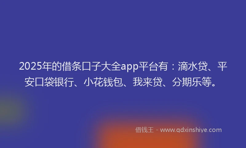 2025年的借条口子大全app平台有：滴水贷、平安口袋银行、小花钱包、我来贷、分期乐等。