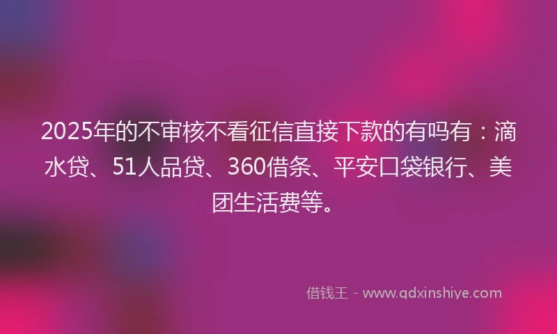 2025年的不审核不看征信直接下款的有吗有：滴水贷、51人品贷、360借条、平安口袋银行、美团生活费等。