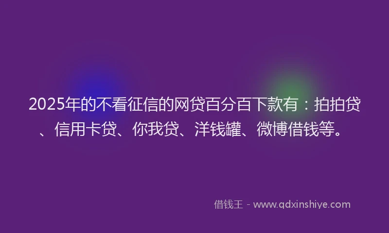 2025年的不看征信的网贷百分百下款有：拍拍贷、信用卡贷、你我贷、洋钱罐、微博借钱等。