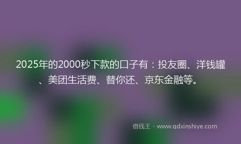 2025年的2000秒下款的口子有：投友圈、洋钱罐、美团生活费、替你还、京东金融等。