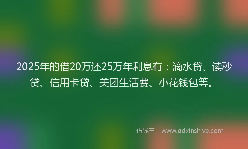 2025年的借20万还25万年利息有：滴水贷、读秒贷、信用卡贷、美团生活费、小花钱包等。