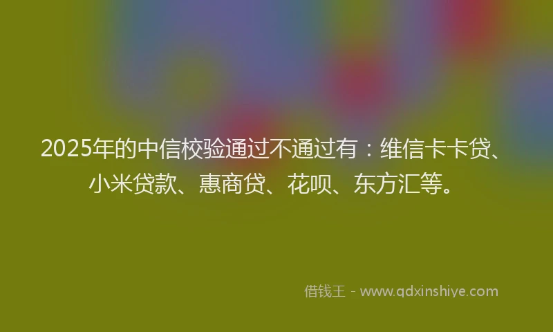 2025年的中信校验通过不通过有：维信卡卡贷、小米贷款、惠商贷、花呗、东方汇等。