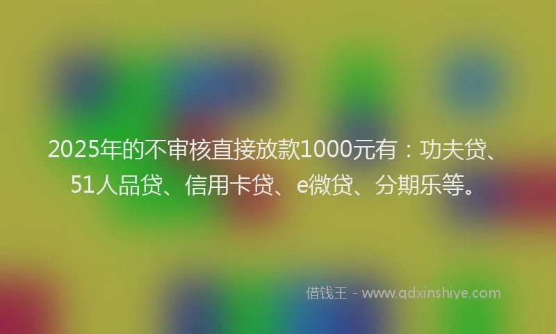 2025年的不审核直接放款1000元有：功夫贷、51人品贷、信用卡贷、e微贷、分期乐等。