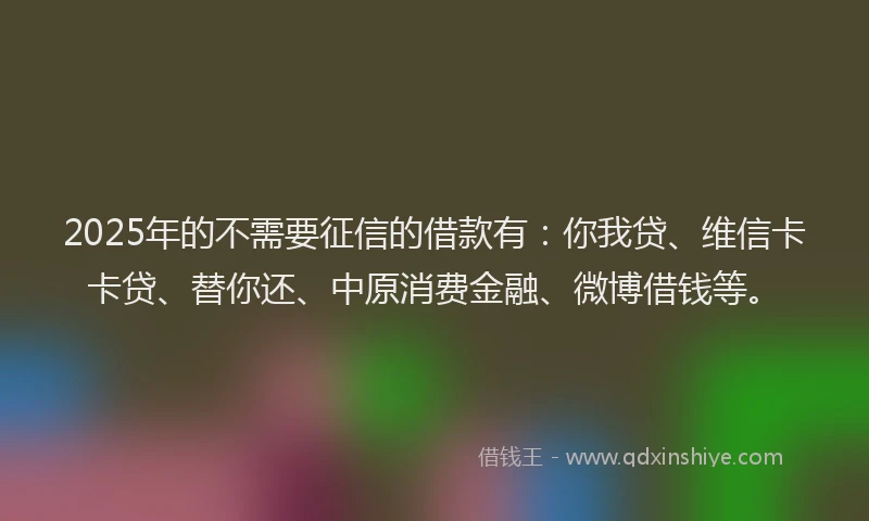 2025年的不需要征信的借款有：你我贷、维信卡卡贷、替你还、中原消费金融、微博借钱等。