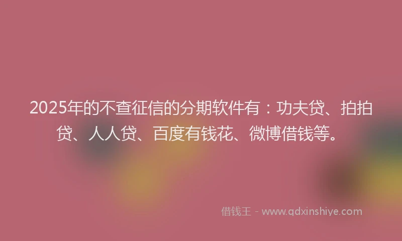 2025年的不查征信的分期软件有：功夫贷、拍拍贷、人人贷、百度有钱花、微博借钱等。