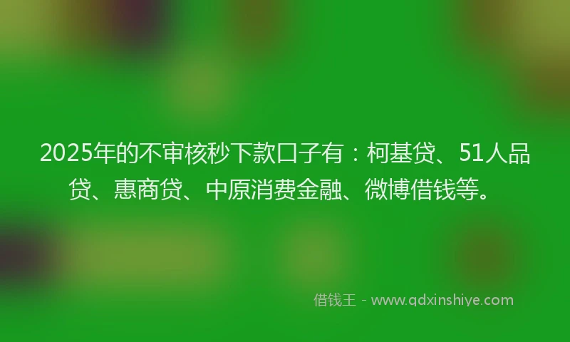 2025年的不审核秒下款口子有：柯基贷、51人品贷、惠商贷、中原消费金融、微博借钱等。