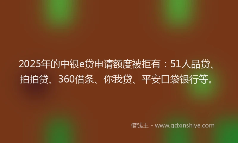2025年的中银e贷申请额度被拒有：51人品贷、拍拍贷、360借条、你我贷、平安口袋银行等。